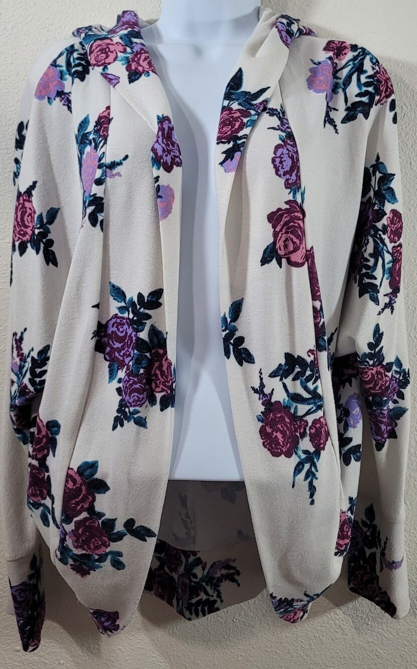 It's Our Time White Purple Floral Open Front Hooded Cardigan Sweater Large Soft